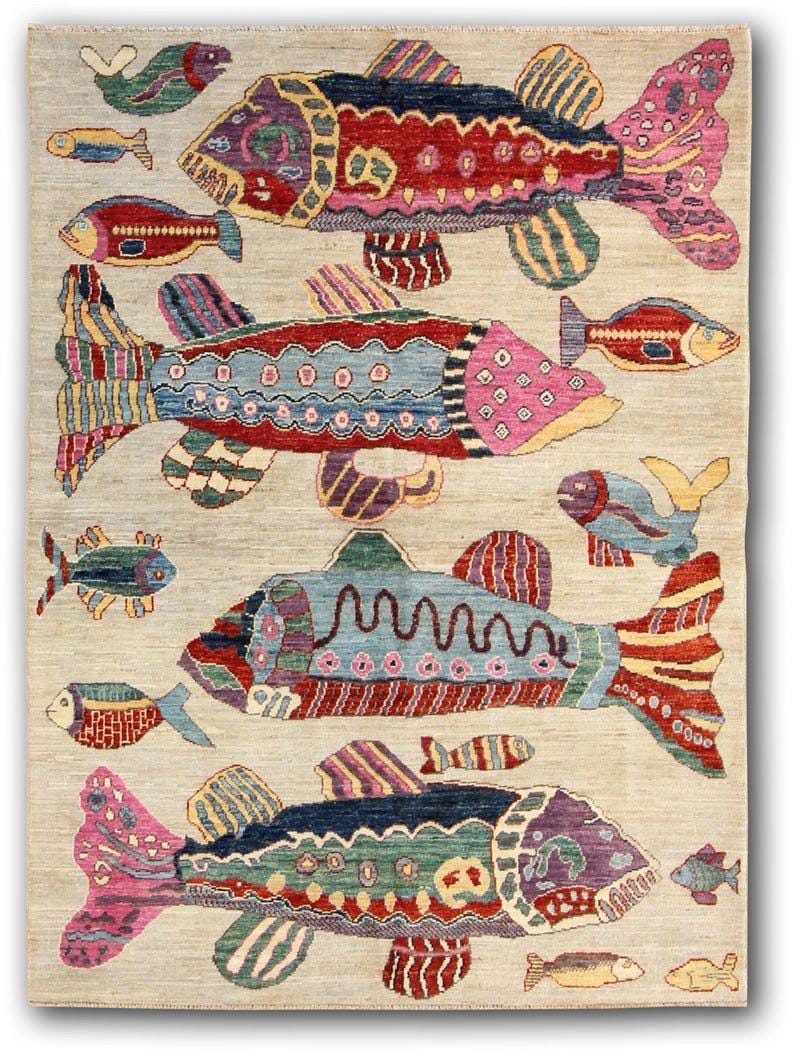 Hand Knotted Fish Rug, Colorful Ocean Theme Area Rug, Handmade Nautical ...