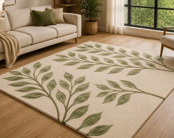 Botanical Tufted Rug, Sage Green Leaf Area Rug, Handmade Wool Carpet, Minimalist Nature Rug, Modern Living Room Decor