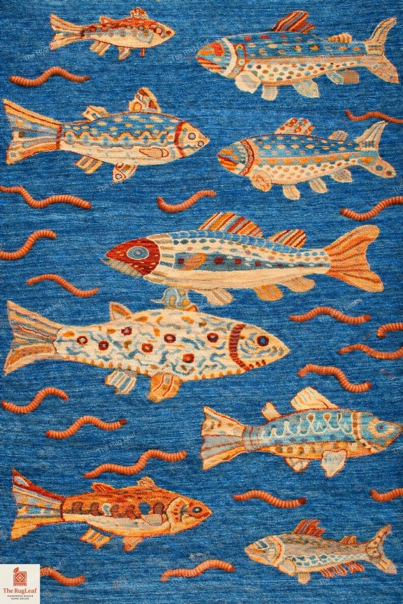 Hand Knotted Kids Fish Rug, Ocean Theme Wool Area Rug, Nursery Playroom ...
