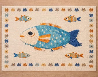 Hand Tufted Fish Rug, Kids Room Area Rug, Ocean Theme Nursery Rug, Whimsical Blue Fish Carpet, Handmade Wool Decor Rug