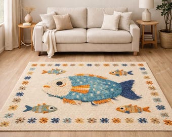 Hand Knotted Wool Fish Rug – Coastal Nautical Accent