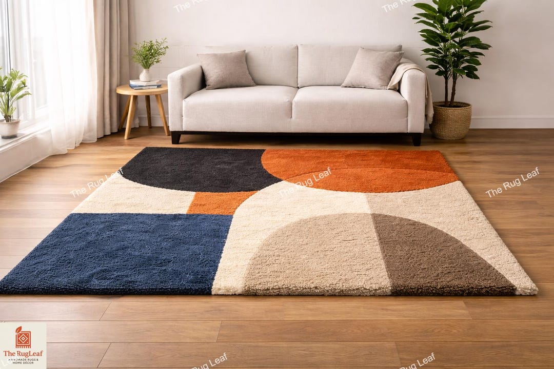 Handmade Orange Blue Wool Rug – Modern Geometric Abstract Design - Etsy