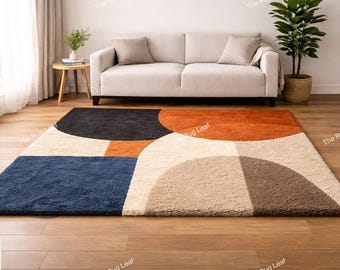 Handmade Orange Blue Wool Rug – Modern Geometric Abstract Design