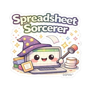 May include: A sticker featuring a cartoon laptop with a smiling face, wearing a purple wizard hat with yellow stars. The text "Spreadsheet Sorcerer" is above the laptop. A coffee cup and a spreadsheet tool are also present.
