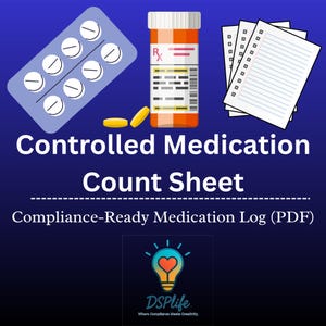 May include: A blue graphic with a medication theme. It shows a blister pack of pills, a prescription bottle, loose pills, and lined paper. Text reads "Controlled Medication Count Sheet".