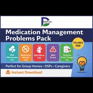 Könnte beinhalten: Blau-weiße Grafik mit dem Titel "Medication Management Problems Pack". Sie enthält Symbole für verschiedene Protokolle, darunter PRN-Wirksamkeit, Medikamentenverweigerung, Nebenwirkungen, Medikationsfehler und Änderungen der ärztlichen Anordnung. Der Text "Sofort-Download" ist ebenfalls vorhanden.