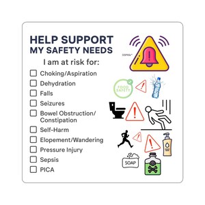 May include: White square graphic with the text "HELP SUPPORT MY SAFETY NEEDS". It lists potential risks including choking, dehydration, and falls. Includes icons of a bell, water bottle, and falling person.