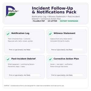 May include: A white document titled "Incident Follow-Up & Notifications Pack" with the DSPLife logo. The pack includes fillable PDF forms for notification logs, witness statements, post-incident debriefs, and corrective action plans. The forms are designed for clean documentation.