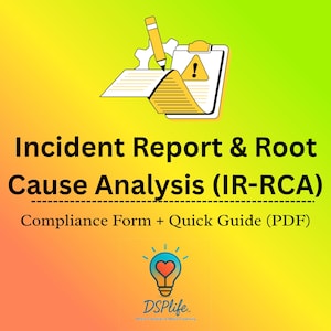 May include: A graphic with a yellow and green gradient background. The image features a clipboard with an exclamation mark, a pencil, and the text "Incident Report & Root Cause Analysis (IR-RCA)". Below the text is "Compliance Form + Quick Guide (PDF)".