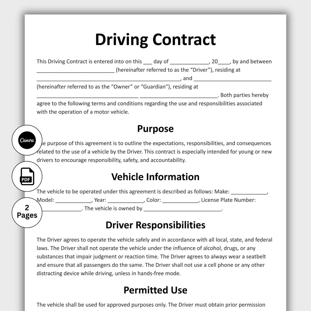 Driving Contract, Customizable Car Usage Agreement Form Template ...