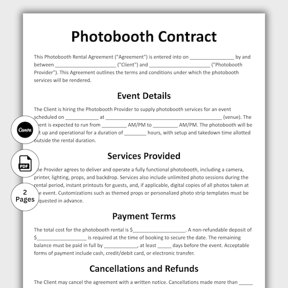 Photobooth Contract, Customizable Photo Booth Lease Agreement Form Template, Printable Photobooth Business Event Wedding Photobooth, Instant