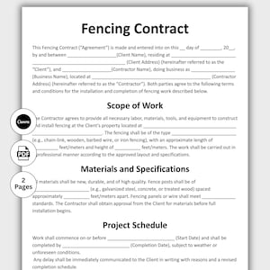 May include: A white document titled "Fencing Contract" with fillable fields for client and contractor information. The document includes sections for scope of work, materials, specifications, and project schedule. A Canva logo and a PDF icon are visible.