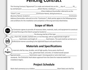 Fencing Contract, Customizable Fence Contract Form Template, Printable Professional Fencing Agreement Protect Your Projects Instant Download