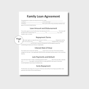 Pu&ograve; includere: Un documento bianco intitolato 'Family Loan Agreement' con testo nero. Il documento fornisce dettagli sui termini del prestito, tra cui importo, rimborso, interessi e clausole per pagamenti in ritardo. Il documento &egrave; su sfondo bianco.