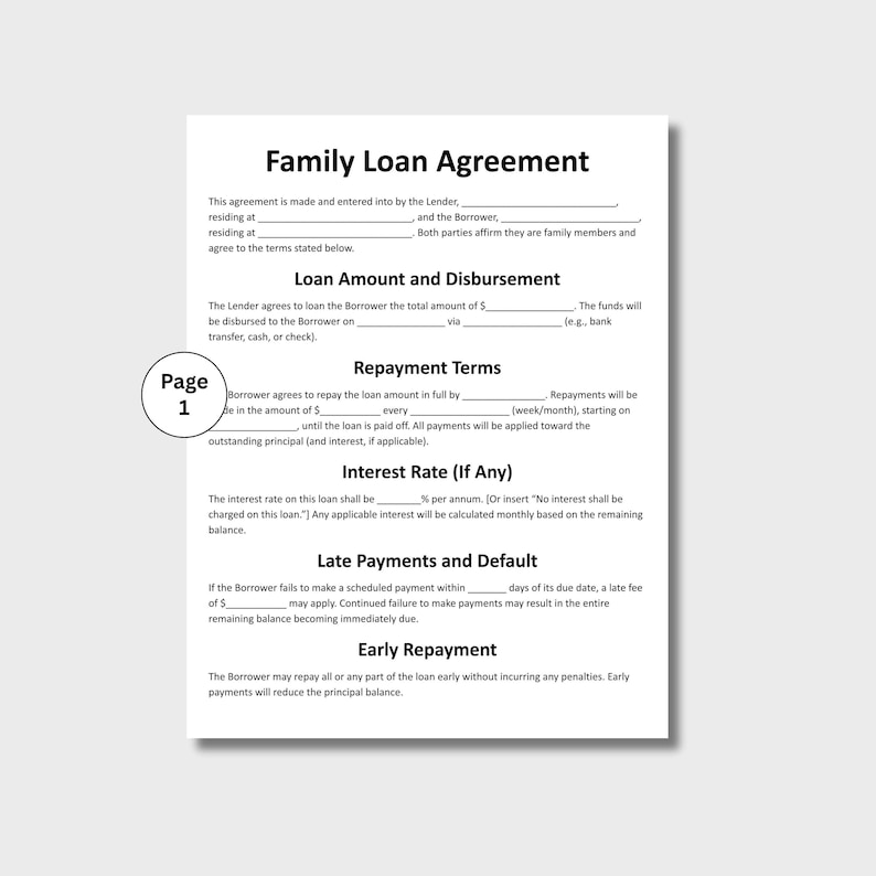 Pu&ograve; includere: Un documento bianco intitolato 'Family Loan Agreement' con testo nero. Il documento fornisce dettagli sui termini del prestito, tra cui importo, rimborso, interessi e clausole per pagamenti in ritardo. Il documento &egrave; su sfondo bianco.