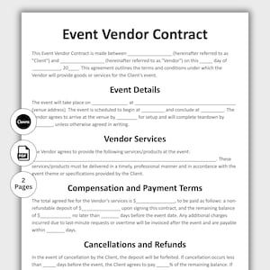 Op de afbeelding: Evenementleverancierscontract sjabloon. Het document bevat secties voor evenementdetails, leveranciersdiensten, compensatie, betalingsvoorwaarden en annuleringsbeleid. Het contract is ontworpen voor Canva en is een PDF-document, 2 pagina's.