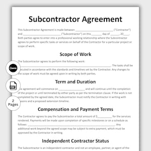 Subcontractor Agreement, Customizable Independent contract Form, Job Subcontractor Agreement form, Construction Contract, Instant Download