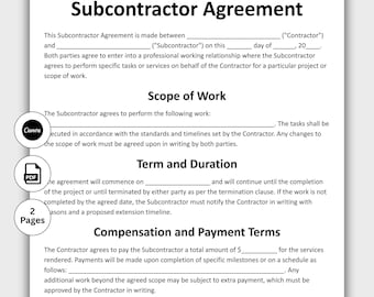 Subunternehmervereinbarung, anpassbares unabhängiges Vertragsformular, Job Subunternehmervereinbarung, Bauvertrag, Sofort Download