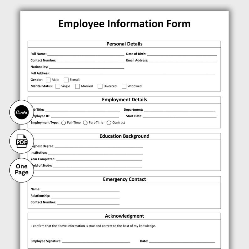Employee Information Form Template, Customizable HR Templates Employee ...