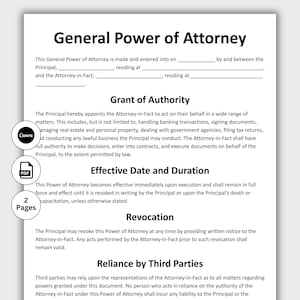 General Power of Attorney, Customizable POA Form Template, Printable General POA form, Legal Contract, Edit in Canva, Instant Download