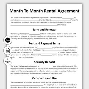 May include: A black and white Month to Month Rental Agreement template. The document includes sections for terms, rent, security deposit, and occupancy. The document is available in PDF format and is two pages long. The document was created using Canva.