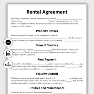 Rental Agreement, Customizable Lease Contract Form Template, Printable Lease Agreement. Residential Housing Agreement, Instant Download