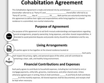 Cohabitation Agreement, Customizable Living Together Form Template, Printable Partnership Contract, Non-Marital, Relationship, Couple form