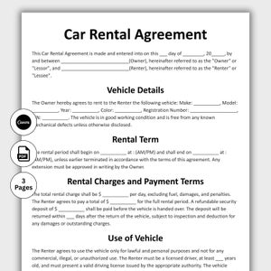 Car Rental Agreement, Customizable Car Rental Contract Template, Printable Auto Rental Agreement, Vehicle Lease Contract, Editable In Canva