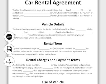 Car Rental Agreement, Customizable Car Rental Contract Template, Printable Auto Rental Agreement, Vehicle Lease Contract, Editable In Canva