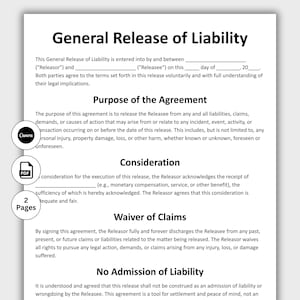 May include: A digital document titled "General Release of Liability" with text describing legal terms and conditions. The document includes sections on the purpose of the agreement, consideration, and waiver of claims. A "Canva" and "PDF" icon are visible.