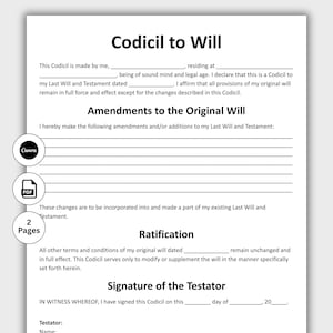 Könnte beinhalten: Ein weißes Dokument mit dem Titel „Zusatz zum Testament“ mit Textfeldern für persönliche Informationen und Änderungen. Enthält Canva- und PDF-Symbole sowie eine „2 Seiten“-Anzeige. Das Dokument ist für den rechtlichen Gebrauch bestimmt.