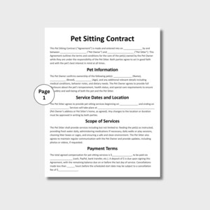 May include: A white document titled "Pet Sitting Contract" with sections for pet information, service dates, and payment terms. The document outlines the responsibilities of a pet sitter and pet owner. Page 1 is visible.