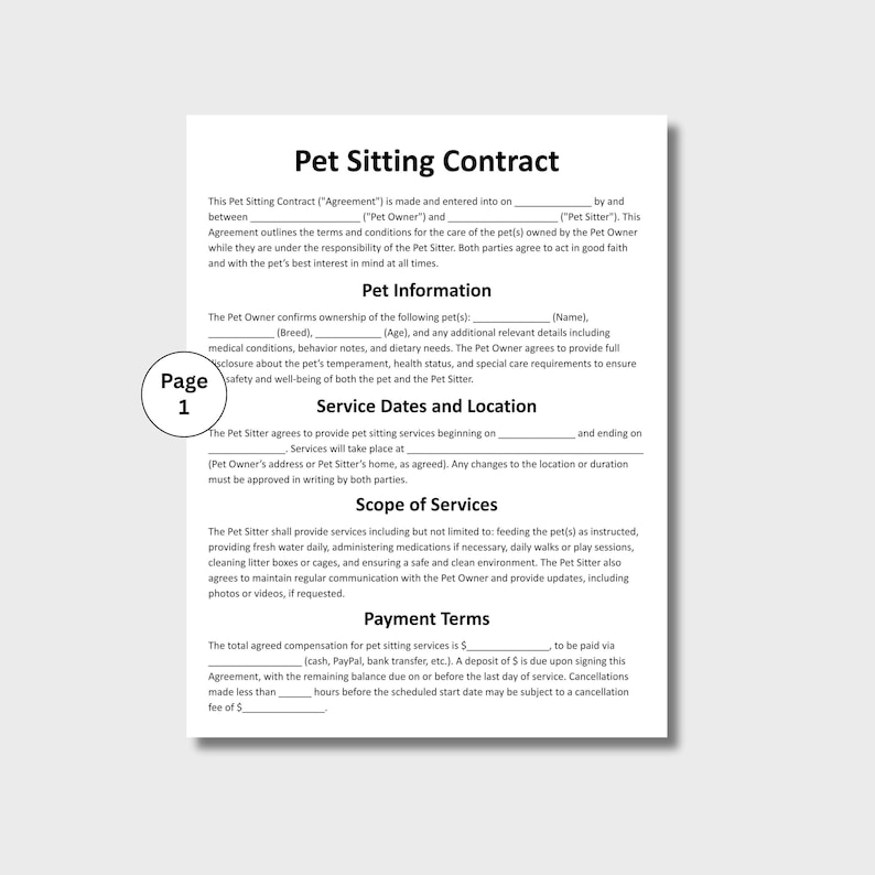 May include: A white document titled "Pet Sitting Contract" with sections for pet information, service dates, and payment terms. The document outlines the responsibilities of a pet sitter and pet owner. Page 1 is visible.