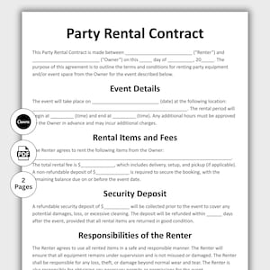May include: A party rental contract template with the title "Party Rental Contract" at the top. The document includes sections for event details, rental items and fees, security deposit, and renter responsibilities. The document is two pages long.