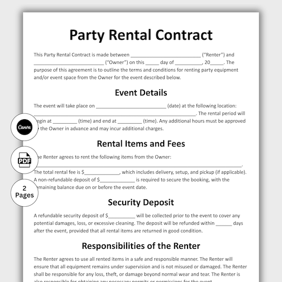 Party Rental Contract, Customizable Party Rental Agreement Form Template, Printable Party Planning Rental form Instant Digital Download