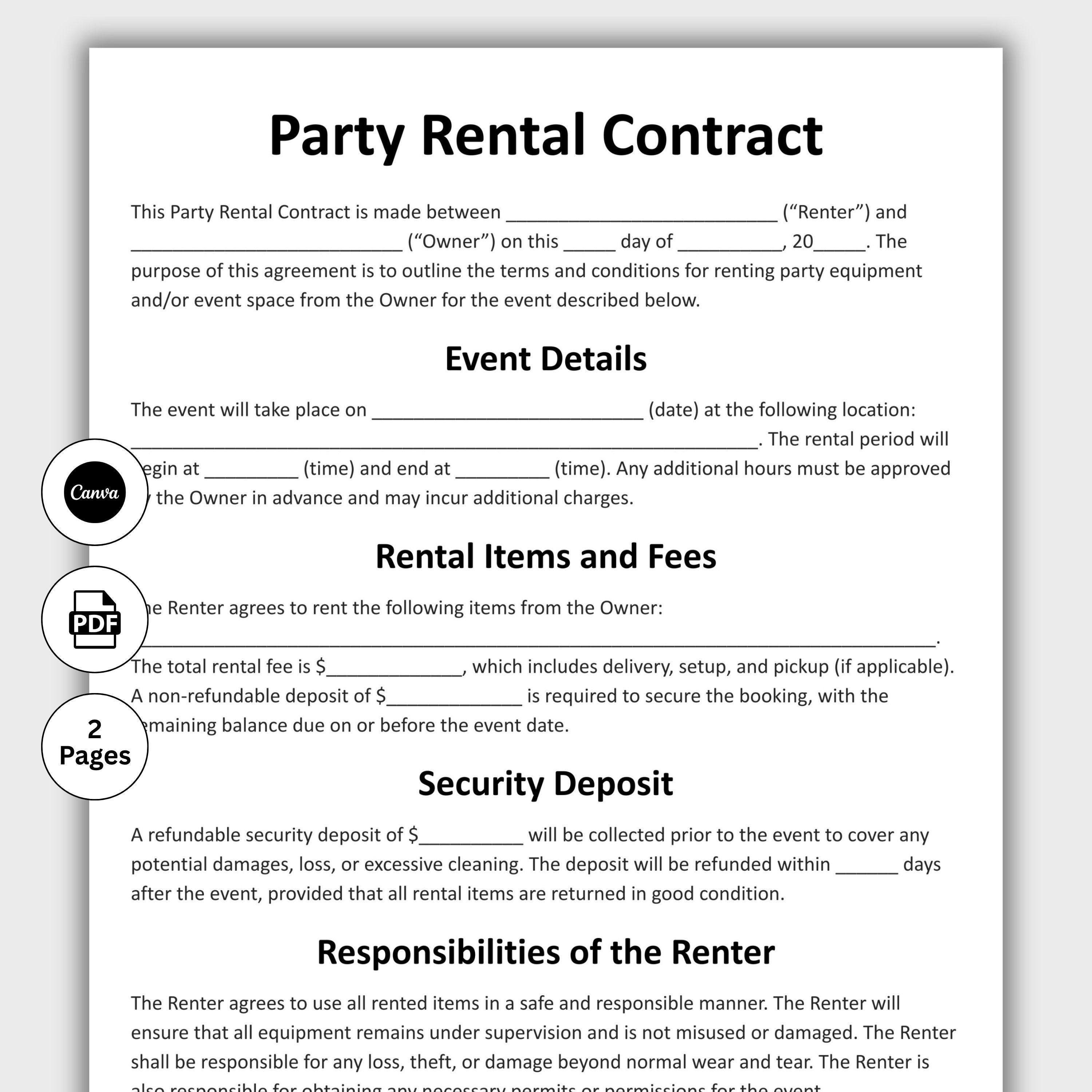 Example Event Rental Agreement Party Rental Contract, Customizable Party Rental Agreement Form ...