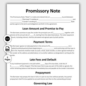 Promissory Note, Customizable Personal Loan Agreement Form Template, Printable Loan Contract, Promissory Note for Payment, Instant Download