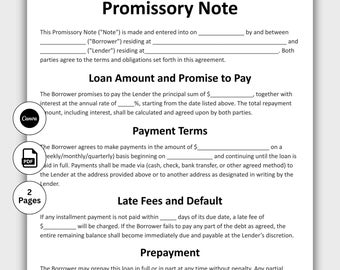 Pagaré, plantilla de contrato de préstamo personal personalizable, contrato de préstamo imprimible, pagaré para pago, descarga instantánea