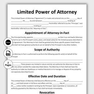 May include: A printed Limited Power of Attorney document. The document includes sections for the agreement, appointment of attorney-in-fact, scope of authority, effective date, and revocation. The document has a Canva and PDF logo.