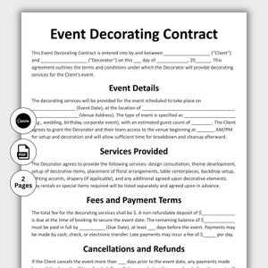 Op de afbeelding: Evenement Decoratie Contract document. Het contract schetst voorwaarden voor evenementdecoratieservices, inclusief evenementdetails, geleverde services, vergoedingen, betalingsvoorwaarden en annuleringsbeleid. Bevat Canva- en PDF-pictogrammen en geeft 2 pagina's aan.