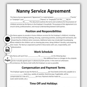 Nanny Service Agreement, Customizable Babysitter Service Contract Form Template, Printable Daycare Childcare Business Form Editable in Canva