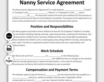 Nanny Service Agreement, Customizable Babysitter Service Contract Form Template, Printable Daycare Childcare Business Form Editable in Canva