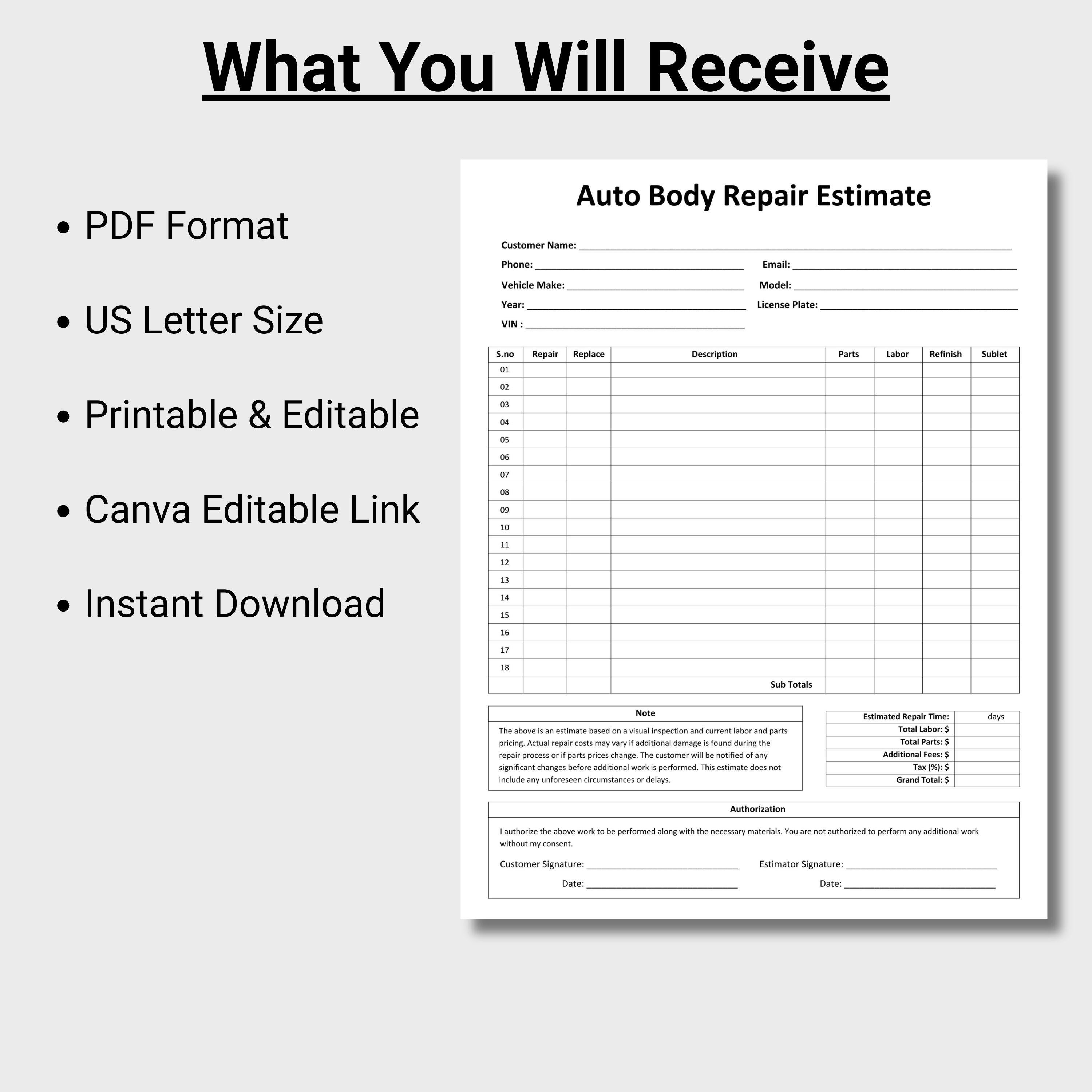 Auto Body Repair Estimate, Customizable Auto Repair Estimate, Mechanic ...