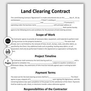 May include: A printed land clearing contract template with the title "Land Clearing Contract" at the top. The document includes sections for scope of work, project timeline, payment terms, and contractor responsibilities. A Canva logo and a PDF icon are visible.