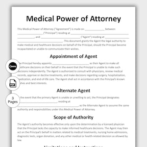 May include: A Medical Power of Attorney document, printed on white paper, with the title at the top. The document includes sections for appointing an agent, an alternate agent, and the scope of authority. The document is available in PDF format and created with Canva.