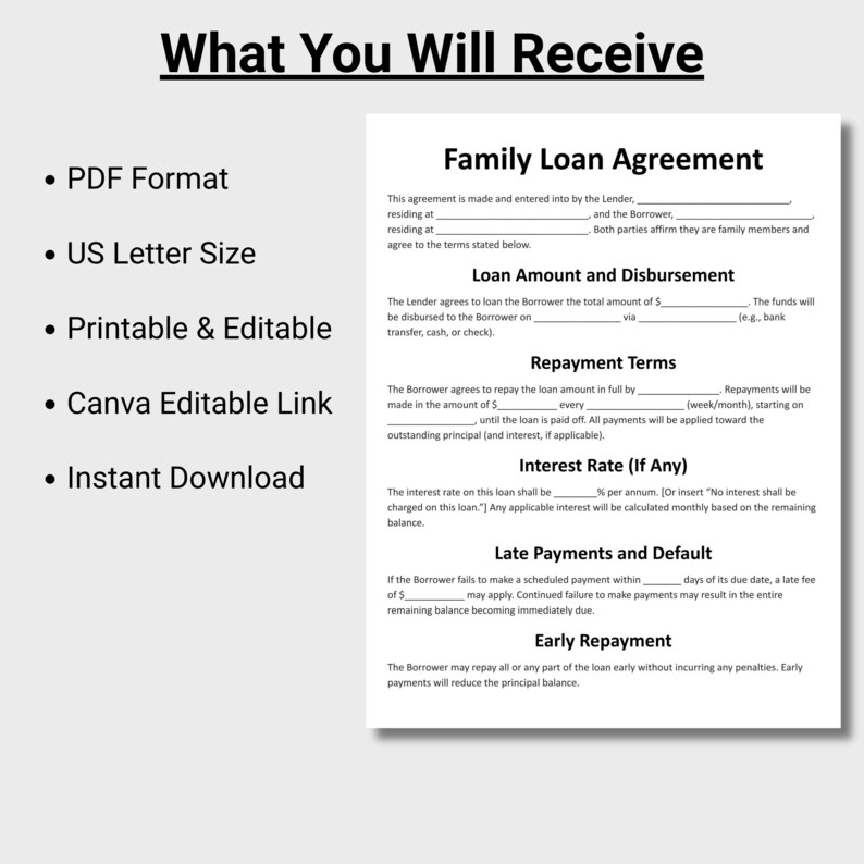 Pu&ograve; includere: Un documento stampabile di Accordo di Prestito Familiare in formato US Letter. Il documento include sezioni per l'importo del prestito, i termini di rimborso, il tasso di interesse e i dettagli sui pagamenti in ritardo. Disponibile in formato PDF, modificabile tramite Canva e scaricabile istantaneamente.