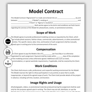 May include: A white document titled "Model Contract" with text detailing scope of work, compensation, work conditions, and image rights. Includes Canva and PDF icons, and indicates the document is 2 pages long.