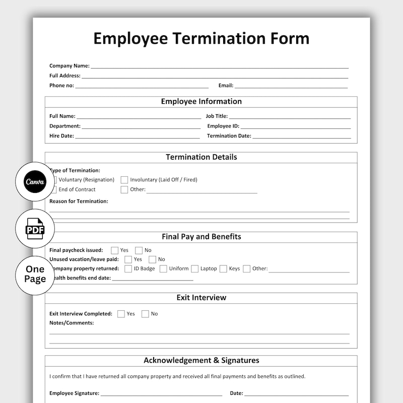 Job Termination Form.pdf Employee Termination Form - Etsy