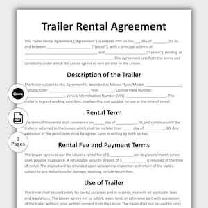 May include: A white document titled "Trailer Rental Agreement" with fillable fields for details. Includes sections for trailer description, rental terms, fees, and usage. Features "Canva" and "PDF" icons, and a "3 Pages" label.