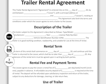 Trailer Rental Agreement, Customizable Trailer Rental Contract Template, Printable Trailer Lease Contract Commercial Lease Editable in Canva